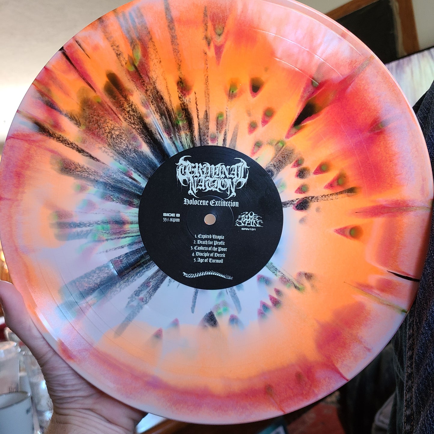 Terminal Nation - Holocene Extinction (2020, Red/Neon Orange/Bone Tri-Color Merge w/ Neon Green & Black Splatter)