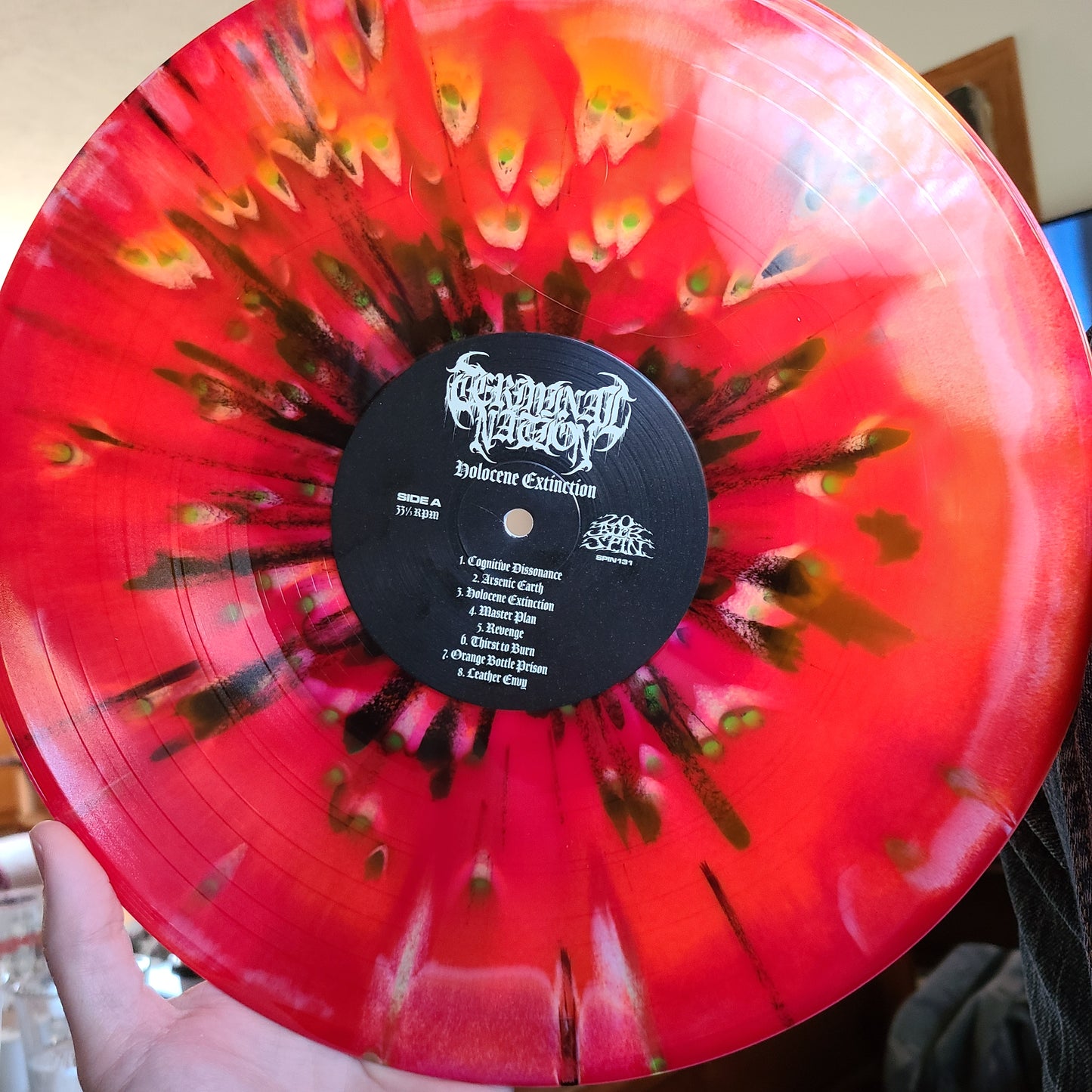 Terminal Nation - Holocene Extinction (2020, Red/Neon Orange/Bone Tri-Color Merge w/ Neon Green & Black Splatter)